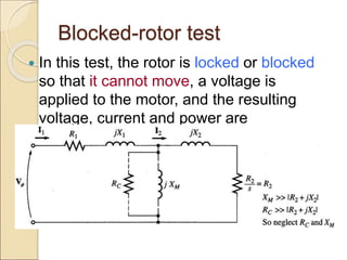 Blocked-rotor test
 In this test, the rotor is locked or blocked
so that it cannot move, a voltage is
applied to the motor, and the resulting
voltage, current and power are
measured.
 