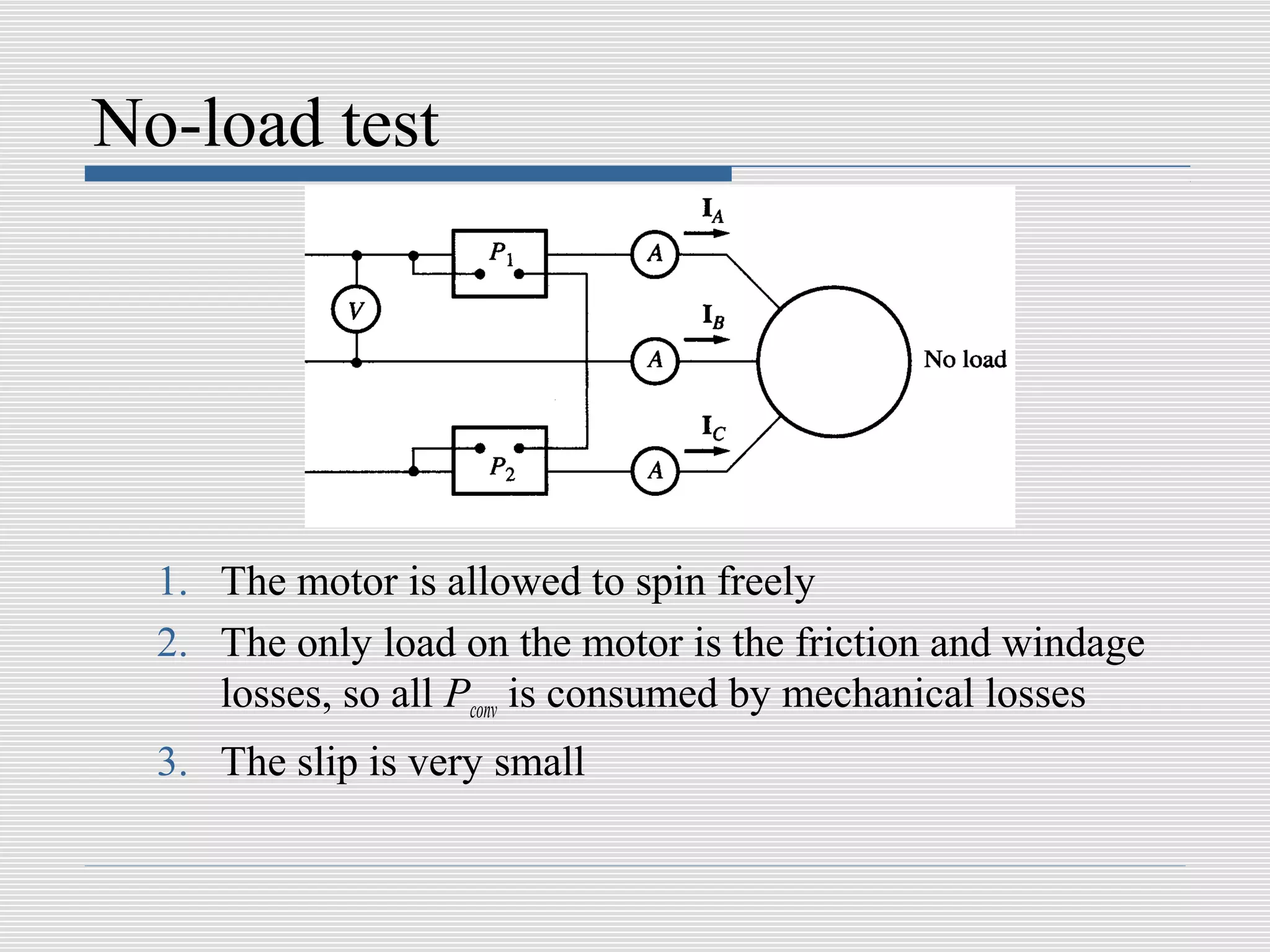 No-load test




  1. The motor is allowed to spin freely
  2. The only load on the motor is the friction and windage
     losses, so all Pconv is consumed by mechanical losses
  3. The slip is very small
 
