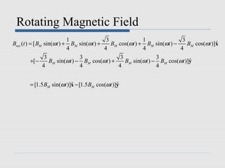 Rotating Magnetic Field
                           1               3              1               3
Bnet (t ) = [ BM sin(ωt ) + BM sin(ωt ) +    BM cos(ωt ) + BM sin(ωt ) −    BM cos(ωt )]x
                                                                                        ˆ
                           4              4               4              4
                 3              3                3              3
          +[ −     BM sin(ωt ) − BM cos(ωt ) +     BM sin(ωt ) − BM cos(ωt )]y
                                                                             ˆ
                4               4               4               4


       = [1.5 BM sin(ωt )]x − [1.5BM cos(ωt )]y
                          ˆ                   ˆ
 