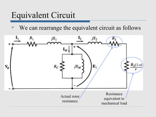 Equivalent Circuit
   We can rearrange the equivalent circuit as follows




                                       Resistance
                    Actual rotor
                                      equivalent to
                     resistance
                                     mechanical load
 