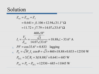 Solution
       Z tot = Z stat + Z f
            = 0.641 + j1.106 + 12.94∠31.1° Ω
            = 11.72 + j 7.79 = 14.07∠33.6° Ω
                      460∠0°
            Vφ            3
       I1 =      =              = 18.88∠ − 33.6° A
            Z tot 14.07∠33.6°
  3.   PF = cos 33.6° = 0.833 lagging
  4.   Pin = 3VL I L cos θ = 3 × 460 ×18.88 × 0.833 = 12530 W
       PSCL = 3I12 R1 = 3(18.88) 2 × 0.641 = 685 W
       PAG = Pin − PSCL = 12530 − 685 = 11845 W
 