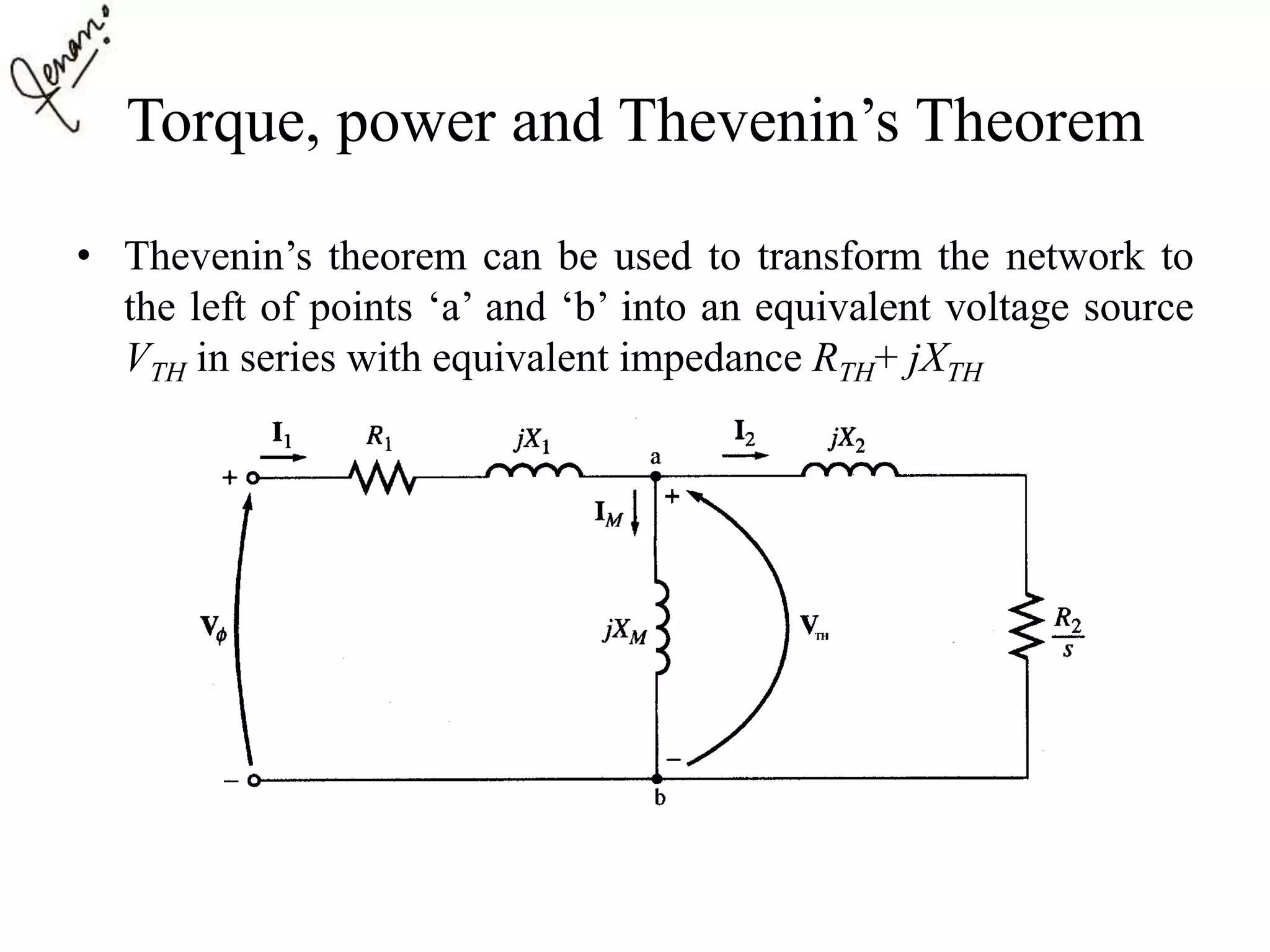 Torque, power and Thevenin’s Theorem
• Thevenin’s theorem can be used to transform the network to
the left of points ‘a’ and ‘b’ into an equivalent voltage source
VTH in series with equivalent impedance RTH+ jXTH
 