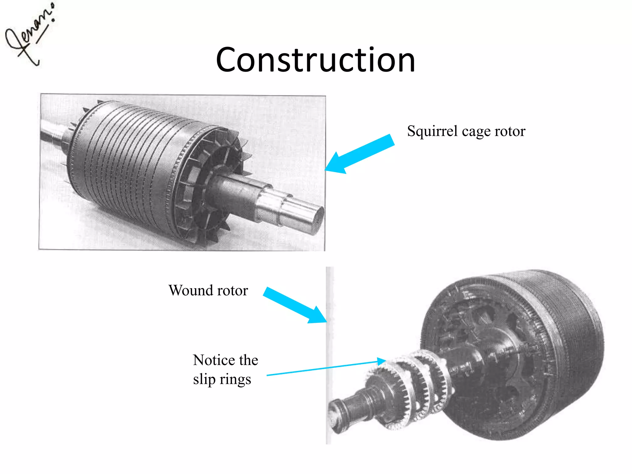 Construction
Squirrel cage rotor
Wound rotor
Notice the
slip rings
 