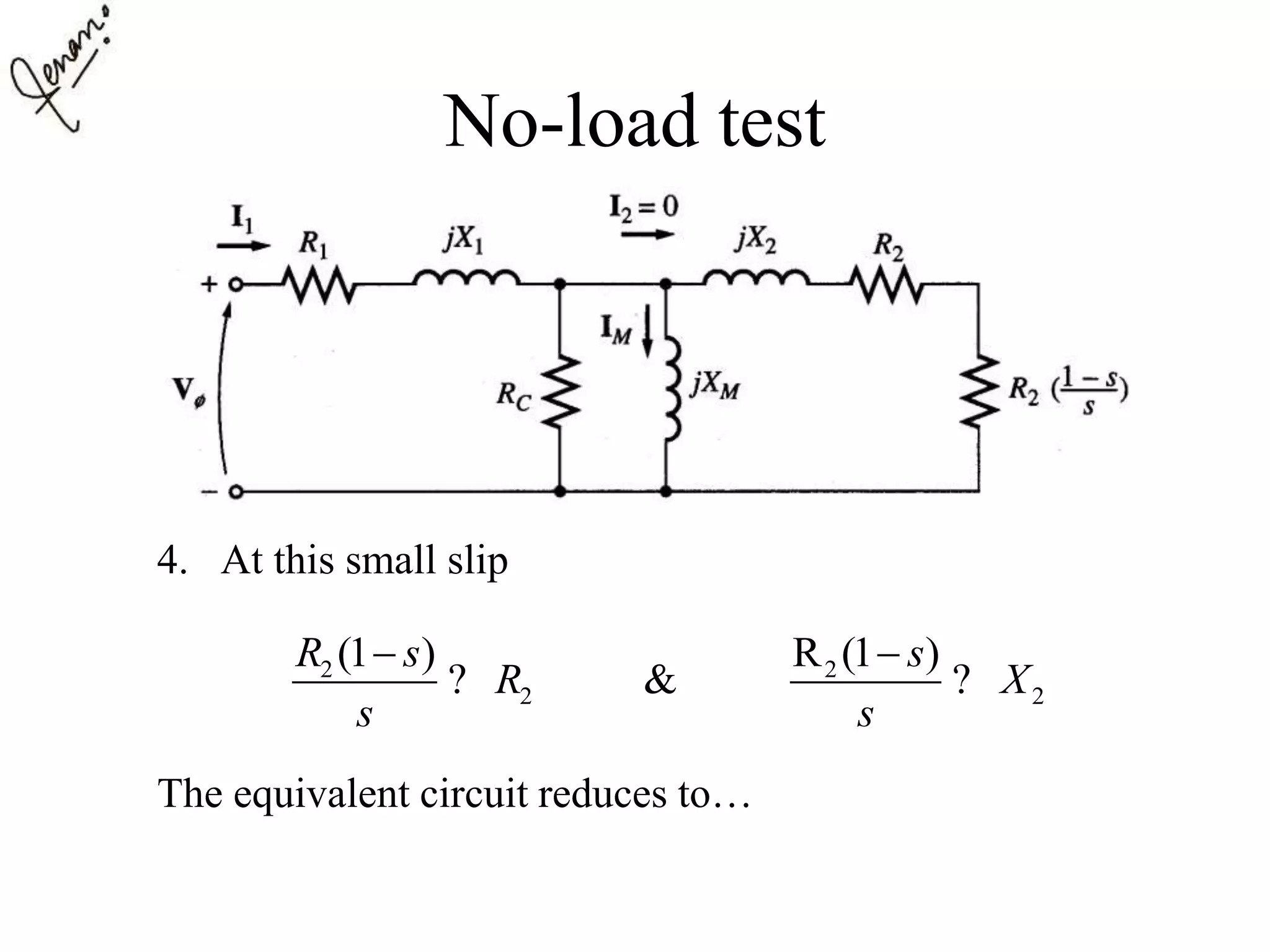 No-load test
4. At this small slip
The equivalent circuit reduces to…
2 2
2 2
(1 ) R (1 )
&
R s s
R X
s s
 
? ?
 