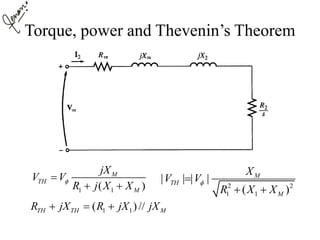 Torque, power and Thevenin’s Theorem
1 1( )
M
TH
M
jX
V V
R j X X

 
1 1( )//TH TH MR jX R jX jX  
2 2
1 1
| | | |
( )
M
TH
M
X
V V
R X X

 
 