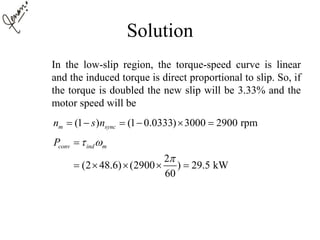 Solution
In the low-slip region, the torque-speed curve is linear
and the induced torque is direct proportional to slip. So, if
the torque is doubled the new slip will be 3.33% and the
motor speed will be
(1 ) (1 0.0333) 3000 2900 rpmm syncn s n     
2
(2 48.6) (2900 ) 29.5 kW
60
conv ind mP  


    
 