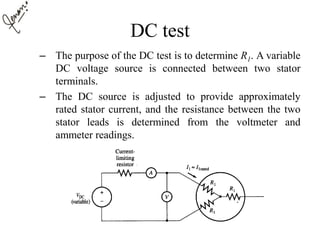 DC test
– The purpose of the DC test is to determine R1. A variable
DC voltage source is connected between two stator
terminals.
– The DC source is adjusted to provide approximately
rated stator current, and the resistance between the two
stator leads is determined from the voltmeter and
ammeter readings.
 