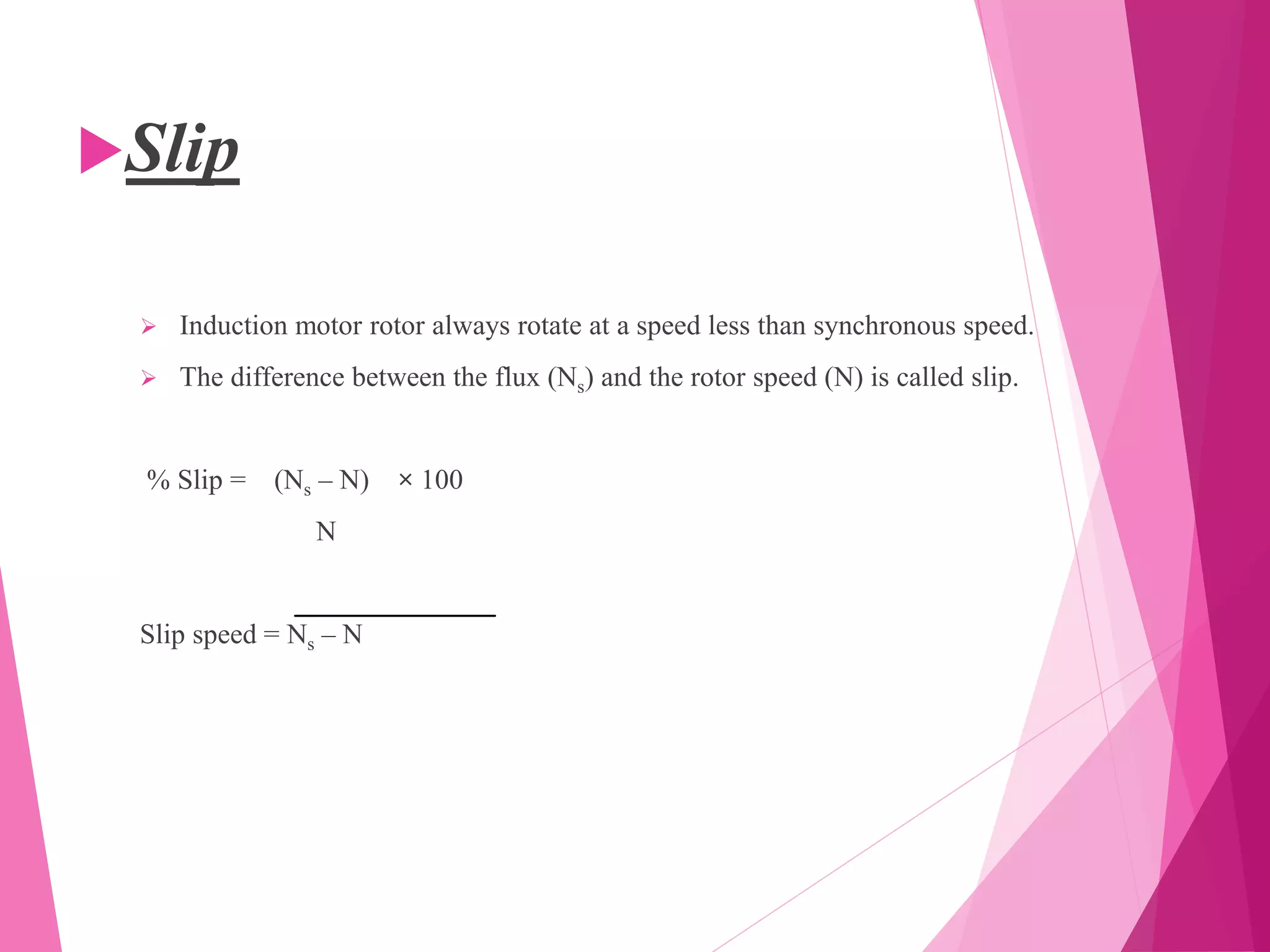 Slip
 Induction motor rotor always rotate at a speed less than synchronous speed.
 The difference between the flux (Ns) and the rotor speed (N) is called slip.
% Slip = (Ns – N) × 100
N
Slip speed = Ns – N
 