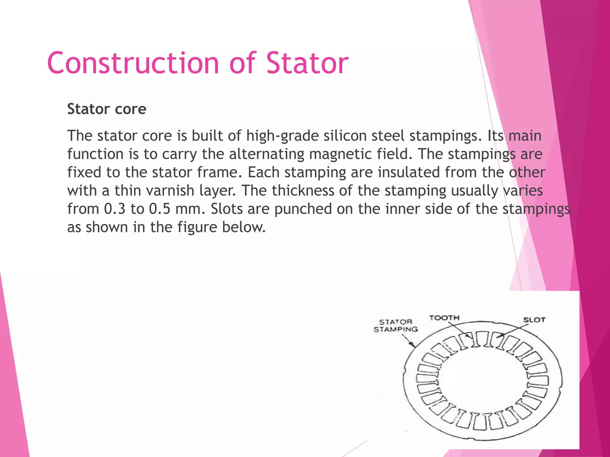 Construction of Stator
Stator core
The stator core is built of high-grade silicon steel stampings. Its main
function is to carry the alternating magnetic field. The stampings are
fixed to the stator frame. Each stamping are insulated from the other
with a thin varnish layer. The thickness of the stamping usually varies
from 0.3 to 0.5 mm. Slots are punched on the inner side of the stampings
as shown in the figure below.
 
