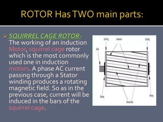 SQUIRREL CAGE ROTOR-
The working of an induction
Motor, squirrel cage rotor
which is the most commonly
used one in induction
motors. A phase AC current
passing through a Stator
winding produces a rotating
magnetic field. So as in the
previous case, current will be
induced in the bars of the
squirrel cage.
 