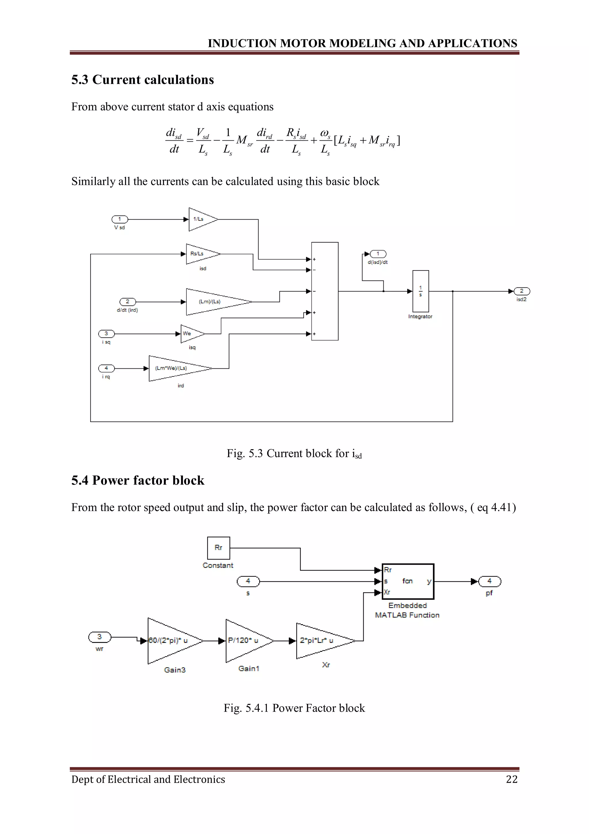 INDUCTION MOTOR MODELING AND APPLICATIONS
Dept of Electrical and Electronics 22
5.3 Current calculations
From above current stator d axis equations
1
[ ]sd sd rd s sd s
sr s sq sr rq
s s s s
di V di R i
M L i M i
dt L L dt L L

    
Similarly all the currents can be calculated using this basic block
Fig. 5.3 Current block for isd
5.4 Power factor block
From the rotor speed output and slip, the power factor can be calculated as follows, ( eq 4.41)
Fig. 5.4.1 Power Factor block
 