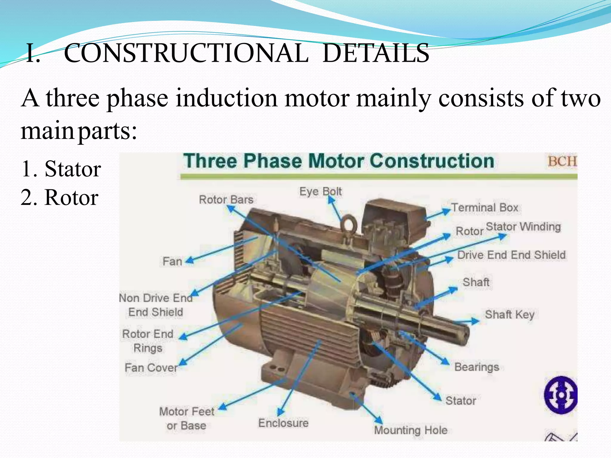 A three phase induction motor mainly consists of two
mainparts:
1. Stator
2. Rotor
I. CONSTRUCTIONAL DETAILS
 