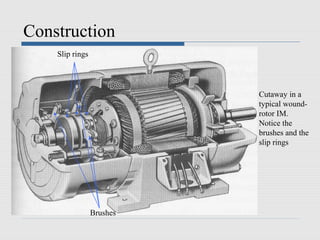 Construction
Cutaway in a
typical wound-
rotor IM.
Notice the
brushes and the
slip rings
Brushes
Slip rings
 