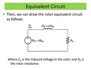 Equivalent Circuit
• Then, we can draw the rotor equivalent circuit
as follows
Where ER is the induced voltage in the rotor and RR is
the rotor resistance
 