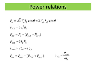 Power relations
3 cos 3 cosin L L ph phP V I V I  
2
1 13SCLP I R
( )AG in SCL coreP P P P  
2
2 23RCLP I R
conv AG RCLP P P 
( )out conv f w strayP P P P   conv
ind
m
P



 