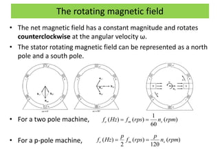 The rotating magnetic field
• The net magnetic field has a constant magnitude and rotates
counterclockwise at the angular velocity ω.
• The stator rotating magnetic field can be represented as a north
pole and a south pole.
• For a two pole machine,
• For a p-pole machine,
)(
60
1
)()( rpmnrpsfHzf sme 
)(
120
)(
2
)( rpmn
p
rpsf
p
Hzf sme 
 