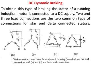 DC Dynamic Braking
To obtain this type of braking the stator of a running
induction motor is connected to a DC supply. Two and
three load connections are the two common type of
connections for star and delta connected stators.
 