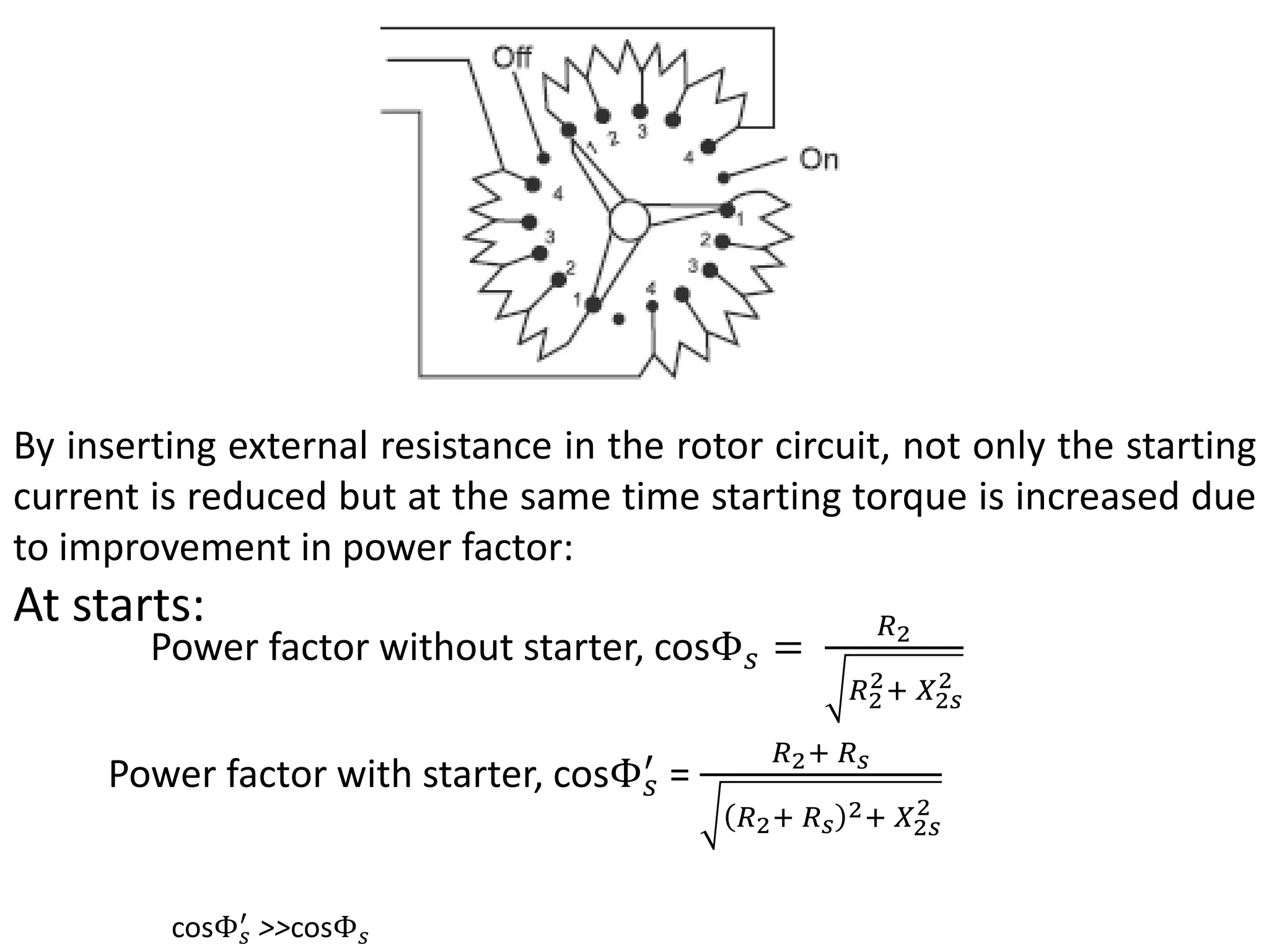 By inserting external resistance in the rotor circuit, not only the starting
current is reduced but at the same time starting torque is increased due
to improvement in power factor:
At starts:
Power factor without starter, cosΦ𝑠 =
𝑅2
𝑅2
2+ 𝑋2𝑠
2
Power factor with starter, cosΦ𝑠
′ =
𝑅2+ 𝑅𝑠
𝑅2+ 𝑅𝑠
2+ 𝑋2𝑠
2
cosΦ𝑠
′
>>cosΦ𝑠
 