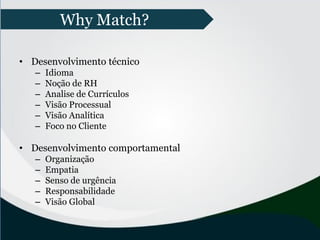 • Desenvolvimento técnico
– Idioma
– Noção de RH
– Analise de Currículos
– Visão Processual
– Visão Analítica
– Foco no Cliente
• Desenvolvimento comportamental
– Organização
– Empatia
– Senso de urgência
– Responsabilidade
– Visão Global
Why Match?
 