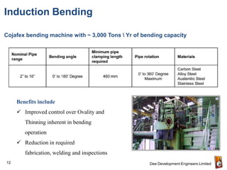 Induction Bending

Cojafex bending machine with ~ 3,000 Tons  Yr of bending capacity




     Benefits include
      Improved control over Ovality and
        Thinning inherent in bending
        operation
      Reduction in required
        fabrication, welding and inspections
12                                                  Dee Development Engineers Limited
 