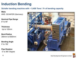 Induction Bending
Schafer bending machine with ~ 5,400 Tons  Yr of bending capacity
Make
AWS SCHAFER (Germany)

Nominal Pipe Range
8” to 48”

Thickness
Up to 120mm

Bend Radius
280mm to 6500mm

Bending Angle
0’ to 182’

Pipe Rotation
0’ to 360’ Degree

 13                                                 Dee Development Engineers Limited
 