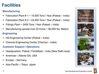 Facilities
Manufacturing
 Fabrication Plant # 1 ~ 10,000 Tons  Year (Palwal – India)
 Fabrication Plant # 2 ~ 24,000 Tons  Year (Palwal – India)
 Fittings Plant ~ 2400 Tons  Year (Palwal – India)
 Manufacturing spread over 22 Acres ~ 90,000 Sq. Meters
Engineering
 HQ Engineering Center (Palwal – India)
 Chennai Engineering Center (Chennai – India)
Customer Support  Operations
 Headquarters: Palwal  Faridabad – India (New Delhi area)
 Americas – Atlanta GA, USA
 Europe – Germany
 Asia Pacific – Tokyo, Japan

3                                                        Dee Development Engineers Limited
 