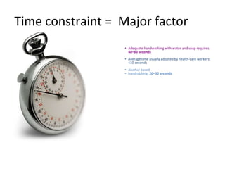 Time constraint = Major factor
• Adequate handwashing with water and soap requires
40–60 seconds
• Average time usually adopted by health-care workers:
<10 seconds
• Alcohol-based
• handrubbing: 20–30 seconds
 