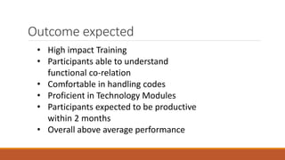 Outcome expected
• High impact Training
• Participants able to understand
functional co-relation
• Comfortable in handling codes
• Proficient in Technology Modules
• Participants expected to be productive
within 2 months
• Overall above average performance
 