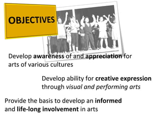 Develop  awareness  of and  appreciation  for arts of various cultures Develop ability for  creative expression  through  visual and performing arts Provide the basis to develop an  informed  and  life-long involvement  in arts 