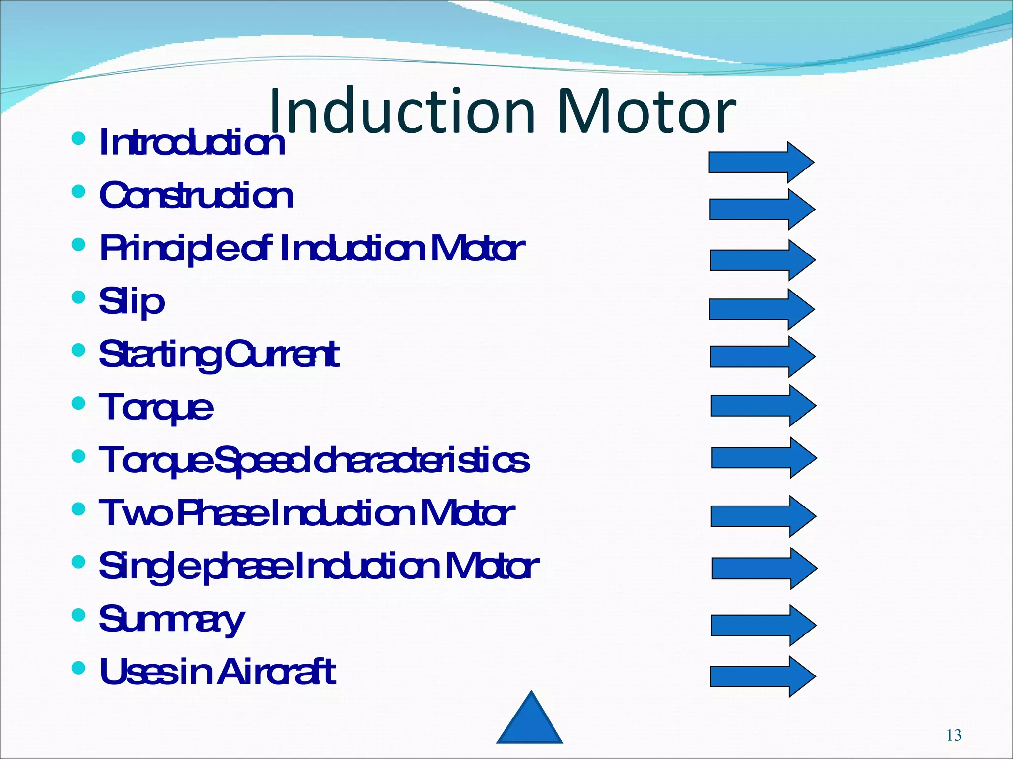 Induction Motor Introduction Construction Principle of Induction Motor Slip Starting Current Torque Torque Speed characteristics Two Phase Induction Motor Single phase Induction Motor Summary Uses in Aircraft 