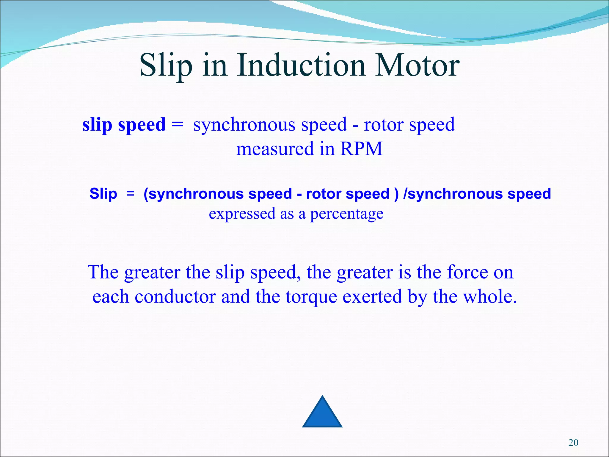 Slip in Induction Motor  slip speed  =  synchronous speed - rotor speed   measured in RPM   Slip  =  (synchronous speed - rotor speed ) /synchronous speed   expressed as a percentage   The greater the slip speed, the greater is the force on each conductor and the torque exerted by the whole.    