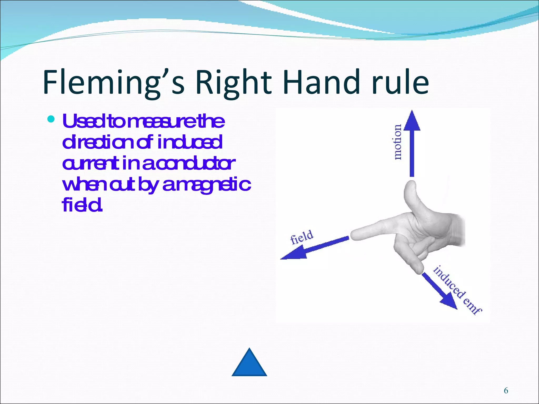 Fleming’s Right Hand rule Used to measure the direction of induced current in a conductor when cut by a magnetic field. 