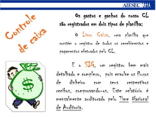 Os gastos e ganhos do nosso CL são registrados em dois tipos de planilha:Controlede caixaOLivro Caixa, uma planilha que contém o registro de todos os recebimentos e pagamentos efetuados pelo CL.	E o SIG, um registro bem mais detalhado e complexo,  pois envolve os fluxos de dinheiro com seus respectivos recibos, comprovando-os. Este relatório é mensalmente auditorado pelo TimeNacionaldeAuditoria.