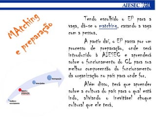 MAtchinge preparaçãoTendo escolhido o EP para a vaga, dá-se o matching, casando a vaga com a pessoa.A partir daí, o EP passa por um processo de preparação, onde será introduzido à AIESEC e aprenderá sobre o funcionamento do CL para sua melhor compreensão do funcionamento da organização no país para onde for.Além disso, terá que aprender sobre a cultura do país para o qual está indo, aliviando o inevitável choque cultural que ele terá.