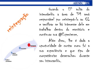 Quando o EP volta do intercâmbio a área de TM será responsável porreintegrá-lo ao CL e verificar se há interesse dele em trabalhar dentro do escritório e continuar sua @Experience.Além disso, lhe é dada a oportunidade de contar como foi a sua experiência e que tipo de competências desenvolveu durante seu intercambio.reintegração