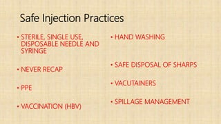 Safe Injection Practices
• STERILE, SINGLE USE,
DISPOSABLE NEEDLE AND
SYRINGE
• NEVER RECAP
• PPE
• VACCINATION (HBV)
• HAND WASHING
• SAFE DISPOSAL OF SHARPS
• VACUTAINERS
• SPILLAGE MANAGEMENT
 