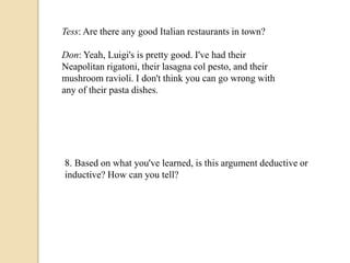 Tess: Are there any good Italian restaurants in town? 
Don: Yeah, Luigi's is pretty good. I've had their 
Neapolitan rigatoni, their lasagna col pesto, and their 
mushroom ravioli. I don't think you can go wrong with 
any of their pasta dishes. 
8. Based on what you've learned, is this argument deductive or 
inductive? How can you tell? 
 