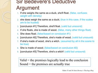 Sir Bedevere's Deductive 
Argument 
1. If she weighs the same as a duck, she'll float. (false, confuses 
weight with density) 
2. she does weigh the same as a duck; (true in this case, if the scales 
are to be trusted) 
3. [conclusion #1] Therefore, she'll float. (valid but unsound) 
4. If she floats, she is made of wood. (false, many other things float) 
5. She does float; (false/based on conclusion #1) 
6. [conclusion #2] Therefore, she's made of wood. (valid but unsound) 
7. If she's made of wood, she's a witch. (assumed by all in the scene to 
be true) 
8. She is made of wood; (false/based on conclusion #2) 
9. [conclusion #3] Therefore, she's a witch! (valid but unsound) 
Valid = the premises logically lead to the conclusion 
Sound = the premises are actually true 
Slides 35 and 36 from Mooney’s Theology Blog 
 