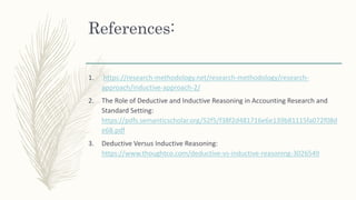 References:
1. https://research-methodology.net/research-methodology/research-
approach/inductive-approach-2/
2. The Role of Deductive and Inductive Reasoning in Accounting Research and
Standard Setting:
https://pdfs.semanticscholar.org/52f5/f38f2d481716e6e139b81115fa072f08d
e68.pdf
3. Deductive Versus Inductive Reasoning:
https://www.thoughtco.com/deductive-vs-inductive-reasoning-3026549
 