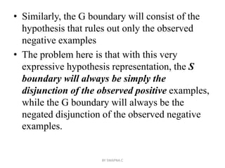 • Similarly, the G boundary will consist of the
hypothesis that rules out only the observed
negative examples
• The problem here is that with this very
expressive hypothesis representation, the S
boundary will always be simply the
disjunction of the observed positive examples,
while the G boundary will always be the
negated disjunction of the observed negative
examples.
BY SWAPNA.C
 