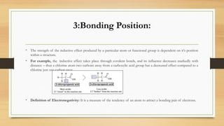 3:Bonding Position:
• The strength of the inductive effect produced by a particular atom or functional group is dependent on it's position
within a structure.
• For example, the inductive effect takes place through covalent bonds, and its influence decreases markedly with
distance – thus a chlorine atom two carbons away from a carboxylic acid group has a decreased effect compared to a
chlorine just one carbon away.
• Definition of Electronegativity: It is a measure of the tendency of an atom to attract a bonding pair of electrons.
 