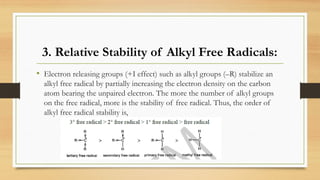 3. Relative Stability of Alkyl Free Radicals:
• Electron releasing groups (+I effect) such as alkyl groups (–R) stabilize an
alkyl free radical by partially increasing the electron density on the carbon
atom bearing the unpaired electron. The more the number of alkyl groups
on the free radical, more is the stability of free radical. Thus, the order of
alkyl free radical stability is,
 