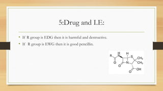 5:Drug and I.E:
• If R group is EDG then it is harmful and destructive.
• If R group is EWG then it is good pencillin.
 