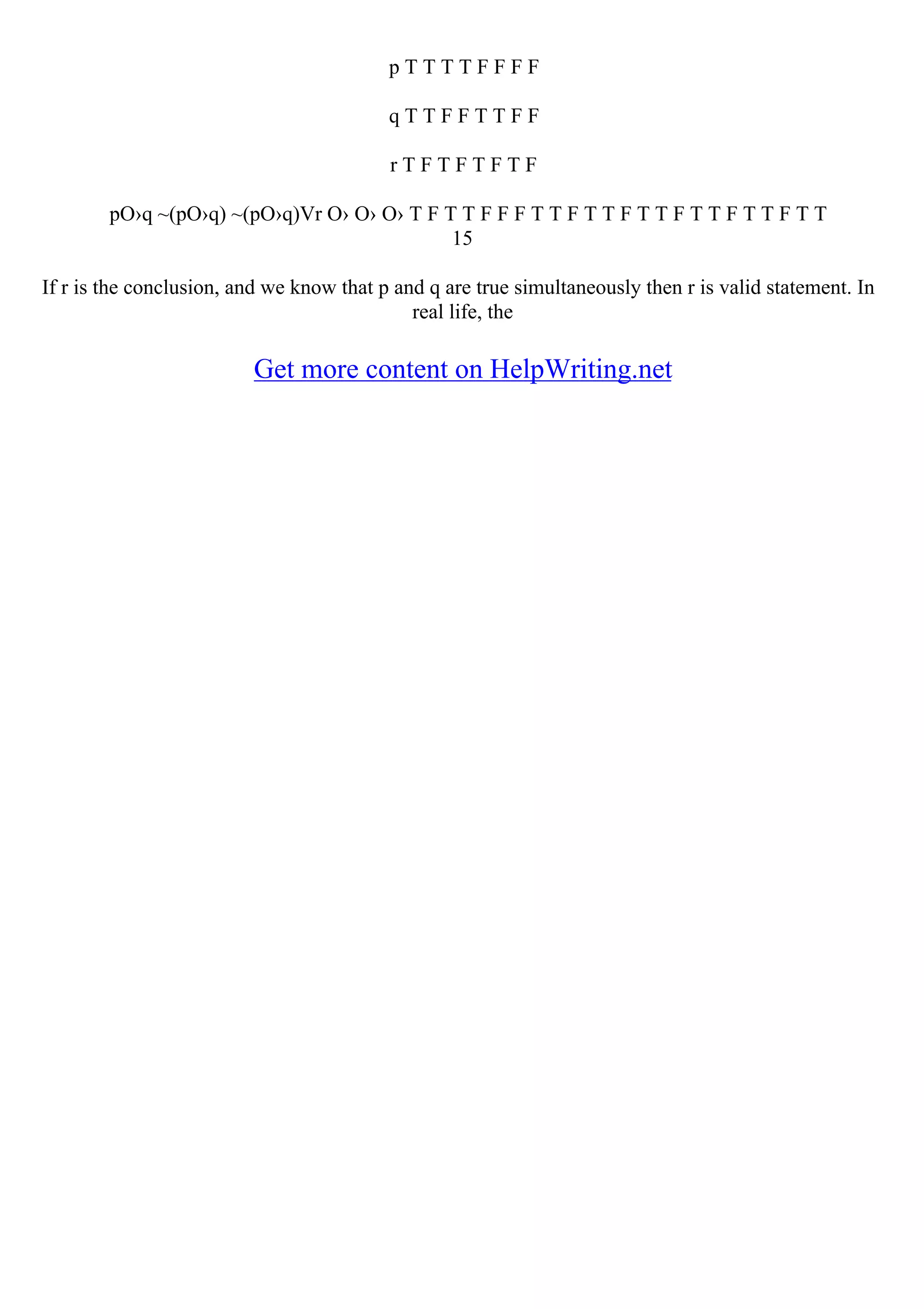 p T T T T F F F F
q T T F F T T F F
r T F T F T F T F
pО›q ~(pО›q) ~(pО›q)Vr О› О› О› T F T T F F F T T F T T F T T F T T F T T F T T
15
If r is the conclusion, and we know that p and q are true simultaneously then r is valid statement. In
real life, the
Get more content on HelpWriting.net
 