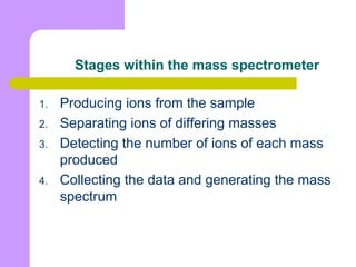Stages within the mass spectrometer
1. Producing ions from the sample
2. Separating ions of differing masses
3. Detecting the number of ions of each mass
produced
4. Collecting the data and generating the mass
spectrum
 