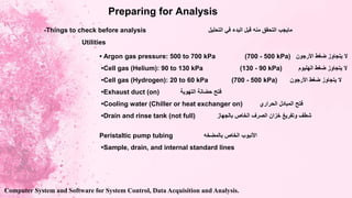 Preparing for Analysis
-Things to check before analysis ‫التحليل‬ ‫في‬ ‫البدء‬ ‫قبل‬ ‫منه‬ ‫التحقق‬ ‫مايجب‬
Utilities
• Argon gas pressure: 500 to 700 kPa (700 - 500 kPa) ‫األرجون‬ ‫ضغط‬ ‫يتجاوز‬ ‫ال‬
•Cell gas (Helium): 90 to 130 kPa (130 - 90 kPa) ‫الهليوم‬ ‫ضغط‬ ‫يتجاوز‬ ‫ال‬
•Cell gas (Hydrogen): 20 to 60 kPa (700 - 500 kPa) ‫األرجون‬ ‫ضغط‬ ‫يتجاوز‬ ‫ال‬
•Exhaust duct (on) ‫التهوية‬ ‫حضانة‬ ‫فتح‬
•Cooling water (Chiller or heat exchanger on) ‫الحراري‬ ‫المبادل‬ ‫فتح‬
•Drain and rinse tank (not full) ‫بالجهاز‬ ‫الخاص‬ ‫الصرف‬ ‫خزان‬ ‫وتفريغ‬ ‫شطف‬
Peristaltic pump tubing ‫بالمضخه‬ ‫الخاص‬ ‫األنبوب‬
•Sample, drain, and internal standard lines
Computer System and Software for System Control, Data Acquisition and Analysis.
 
