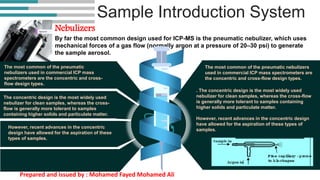 Sample Introduction System
The most common of the pneumatic nebulizers
used in commercial ICP mass spectrometers are
the concentric and cross-flow design types.
Nebulizers
By far the most common design used for ICP-MS is the pneumatic nebulizer, which uses
mechanical forces of a gas flow (normally argon at a pressure of 20–30 psi) to generate
the sample aerosol.
. The concentric design is the most widely used
nebulizer for clean samples, whereas the cross-flow
is generally more tolerant to samples containing
higher solids and particulate matter.
However, recent advances in the concentric design
have allowed for the aspiration of these types of
samples.
The most common of the pneumatic
nebulizers used in commercial ICP mass
spectrometers are the concentric and cross-
flow design types.
The concentric design is the most widely used
nebulizer for clean samples, whereas the cross-
flow is generally more tolerant to samples
containing higher solids and particulate matter.
However, recent advances in the concentric
design have allowed for the aspiration of these
types of samples.
Prepared and issued by : Mohamed Fayed Mohamed Ali
 