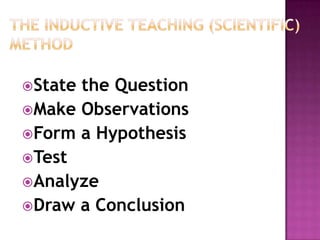 Statethe Question
Make Observations
Form a Hypothesis
Test
Analyze
Draw a Conclusion
 