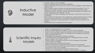 Inductive
Model
Scientific Inquiry
Models
• Students construct own knowledge
• Teachers facilitate instruction through scaffolding.
• Results of learning is not a means to an end but can be applied to other aspects of
students’ lives.
• Allows students to learn naturally and develop problem-solving skills. “Thus, it is
designed to facilitate, discipline, and extend what the mind does naturally:
examine information, develop concepts, generate hypotheses, and take actions
whose consequences are assessed.” (p. 59)
• Fosters attention to logic, language and meaning of words and to the nature of
knowledge.
• Allows students and teachers to be cooperative, however teachers play an active
role and activating discussions and teaching needed skills when necessary.
• Design the classroom through organization, content and tasks assigned to the
students.
• Students learn facts, concepts and how to learn.
• Phase 1: Investigation given to the students.
• Phase 2: Students identify the problem. To solve in the investigation.
• Phase 3: Form hypotheses about the problem to identify the level of difficulty.
• Phase 4: Identify possible solutions to investigation by redesigning, organizing
data, generating data, etc.
• Challenging and cooperative classroom needed.
• ”The students need to hypothesize rigorously, challenge evidence, criticize
research designs, and so forth.” (p. 87)
• Students need to recognize the nature of their knowledge and discipline.
• Use of scientific knowledge
• Open-minded and cooperative with peers.
• Students committed to investigation and solving real-world problems.
• Not as structured as inductive model. Allows students to explore investigations
and construct their own knowledge.
• Teachers try to inspire students through an inquiry process.
• Teachers are more flexible and “hands-off” during student investigation.
 