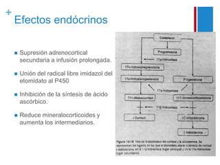 + 
Efectos endócrinos 
 Supresión adrenocortical 
secundaria a infusión prolongada. 
 Unión del radical libre imidazol del 
etomidato al P450 
 Inhibición de la síntesis de ácido 
ascórbico. 
 Reduce mineralocorticoides y 
aumenta los intermediarios. 
 